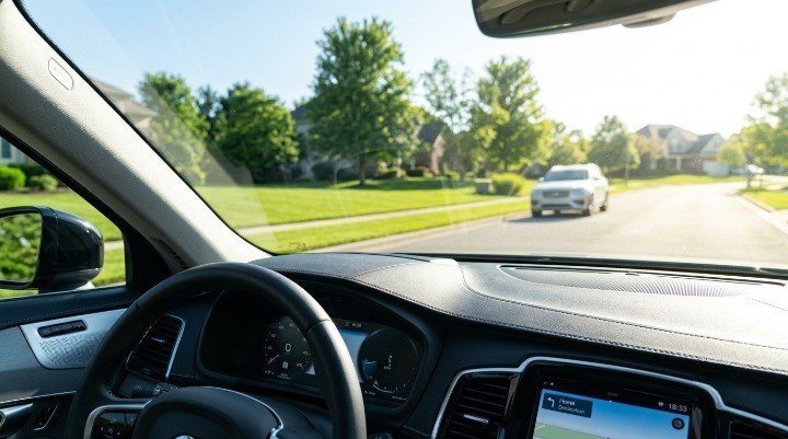 An interior view showing a clean vehicle windshield with clear visibility on a sunny day