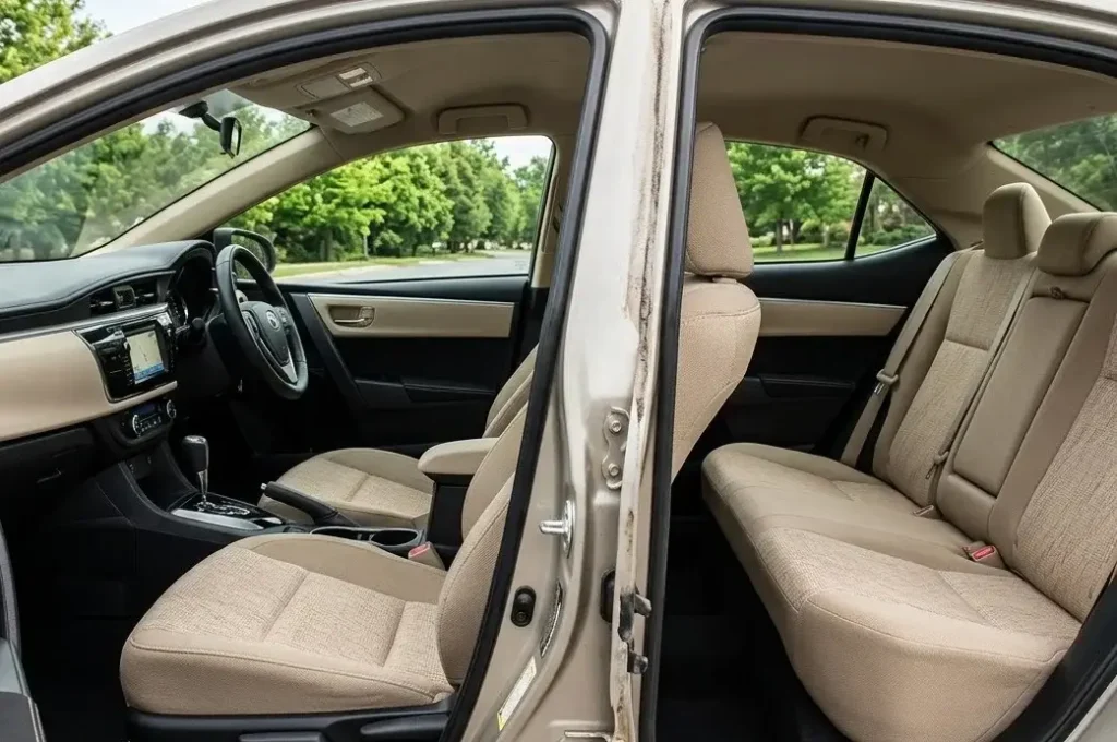 clean cloth car seats inside car after proper cleaning and maintenance
