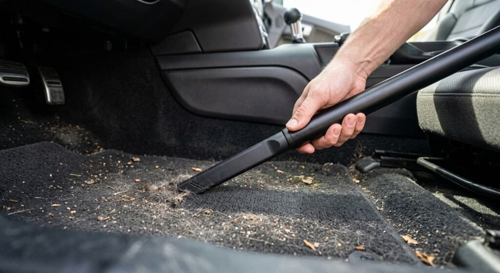 A hand using a vacuum cleaner with a narrow crevice tool 