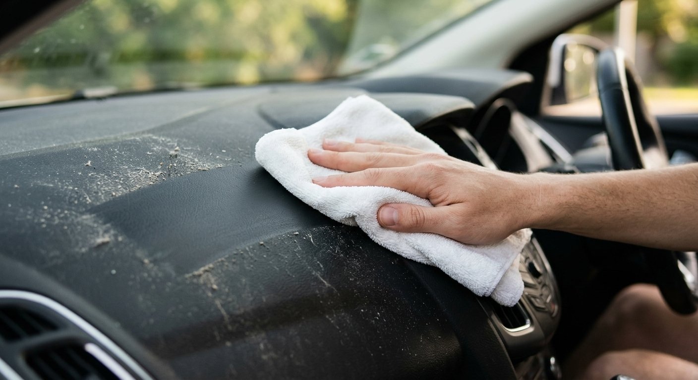 wiping car dashboard with microfiber cloth to remove smoke residue