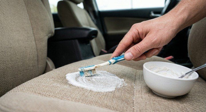 applying baking soda paste on car seat stain with toothbrush