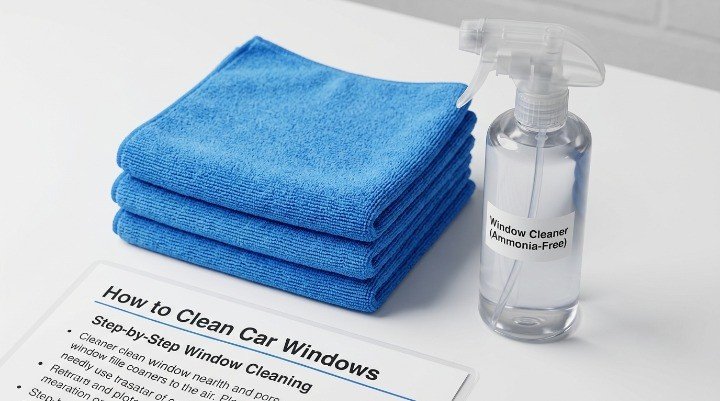 A collection of car detailing tools including fresh microfiber cloths and a spray bottle next to how to clean car windows guidelines
