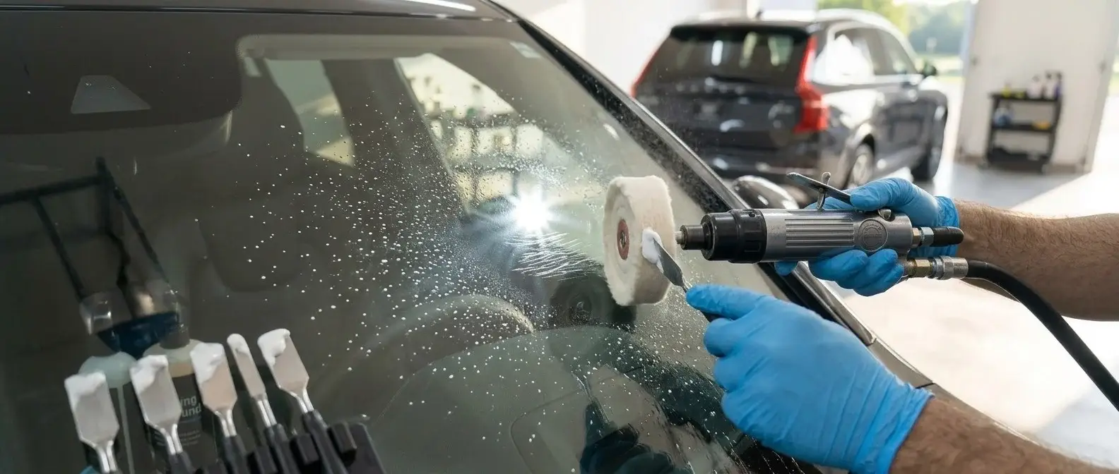 Using a drill with cerium oxide to remove scratches from car windshield