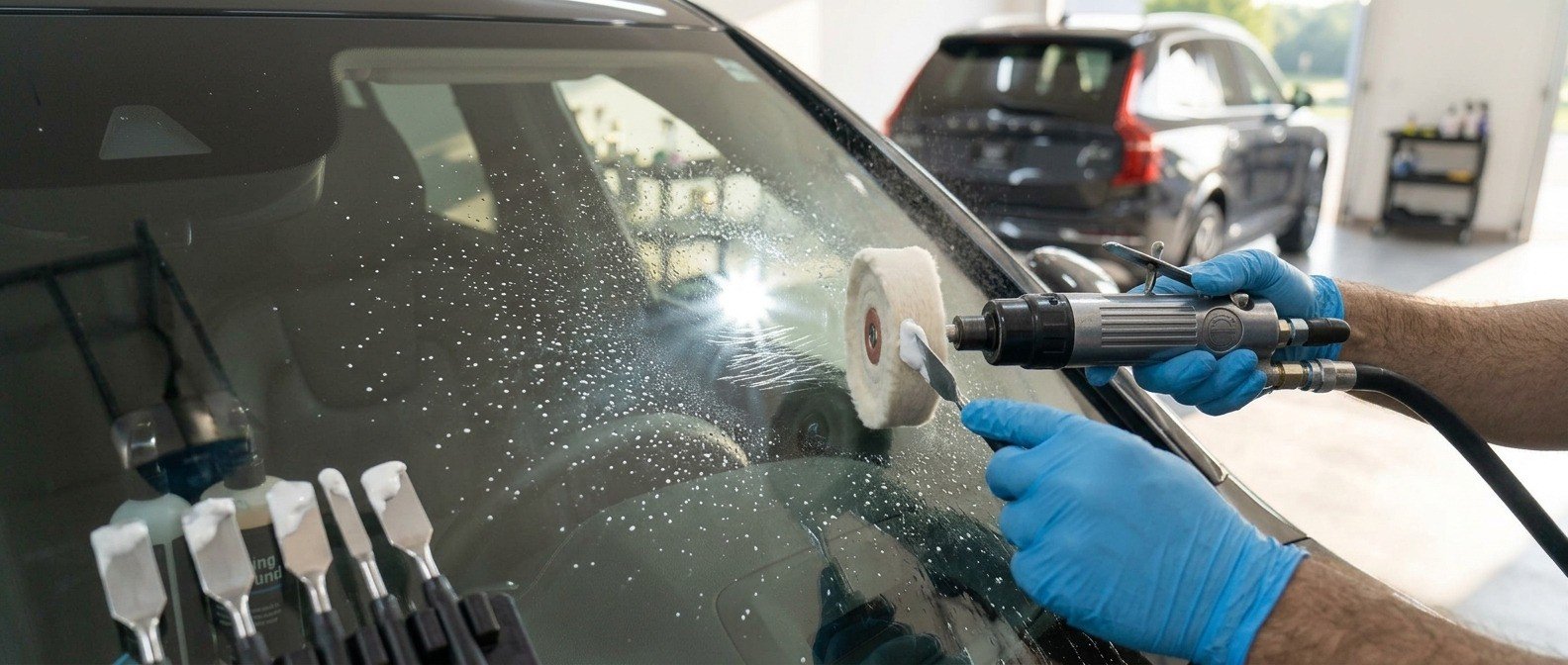 Using a drill with cerium oxide to remove scratches from car windshield