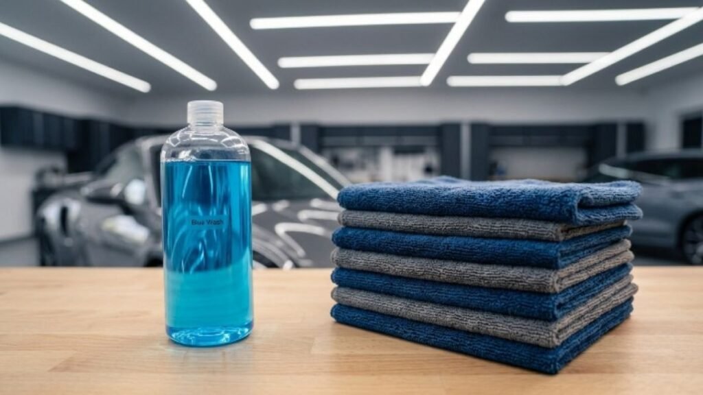 Rinseless car wash concentrate bottle with plush folded microfiber towels