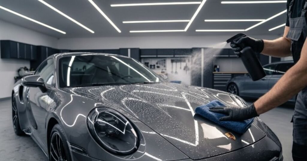 Professional detailer applying rinseless car wash spray on a glossy black Porsche