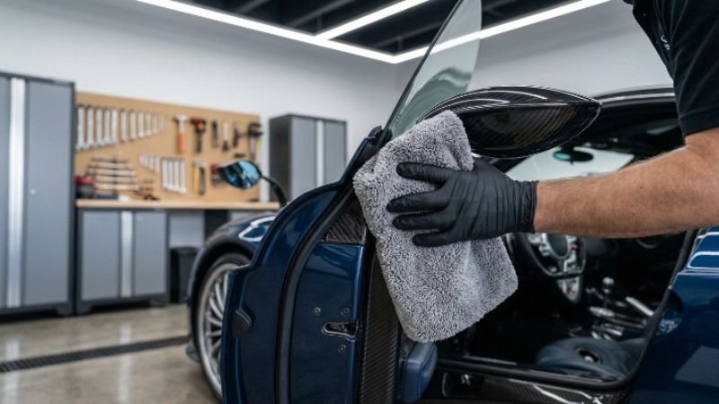 drying door seals and mirrors with microfiber towel after wash