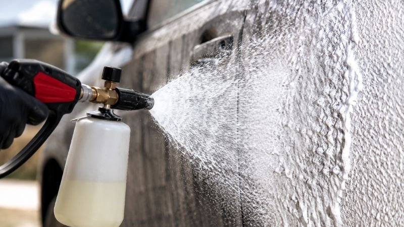 prewash foam cannon application close up