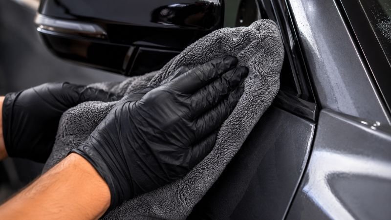 drying car door seals with microfiber towel after prewash