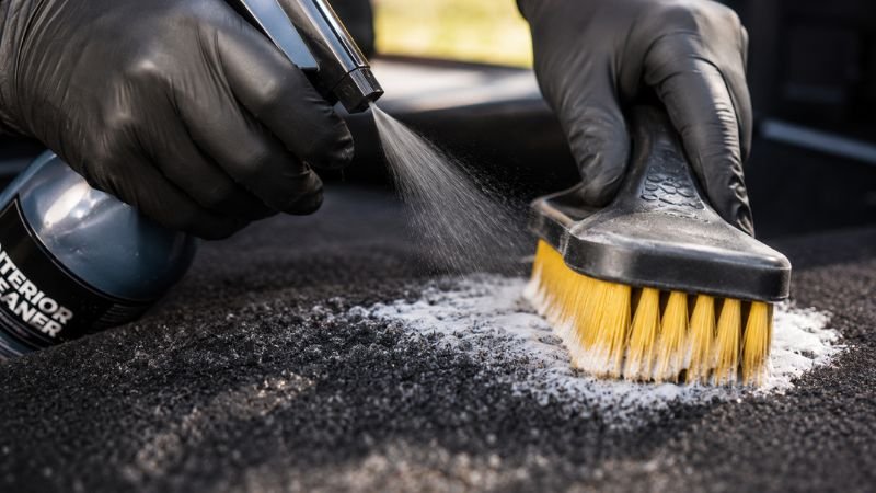 scrubbing car carpet with brush and vinegar spray solution