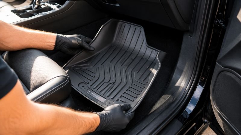 installing rubber floor mat to prevent car carpet mold
