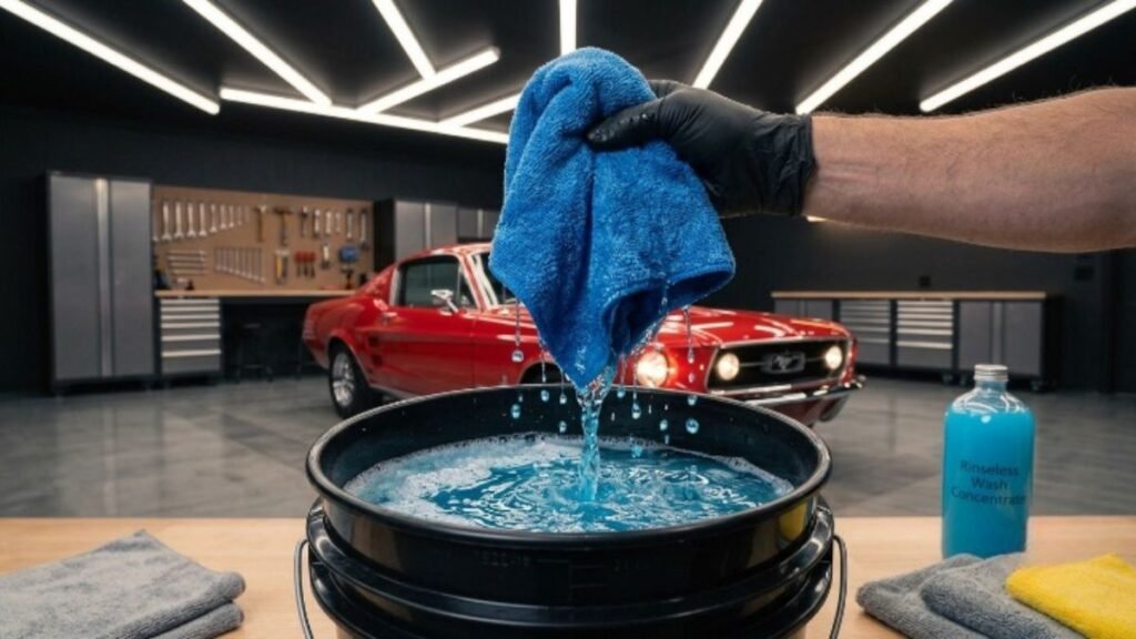 Lifting a wet microfiber towel from a rinseless car wash bucket