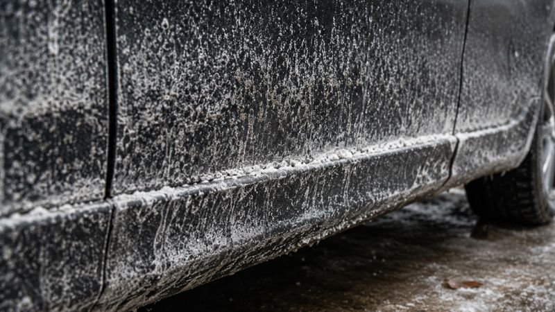 winter road salt buildup on car paint requiring weekly wash