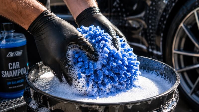 using microfiber wash mitt and car shampoo for safe car wash