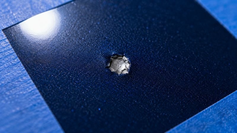 close up of stone paint chip on car panel before repair