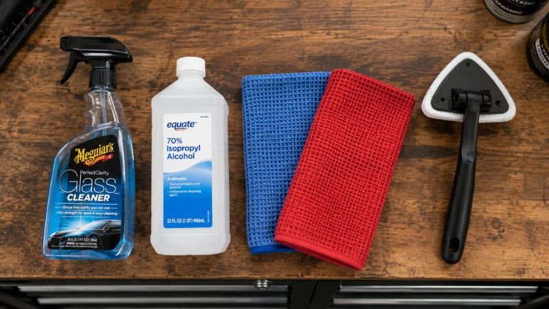Automotive glass cleaner spray, rubbing alcohol, waffle weave microfiber towels, and glass cleaning wand tool on a workbench