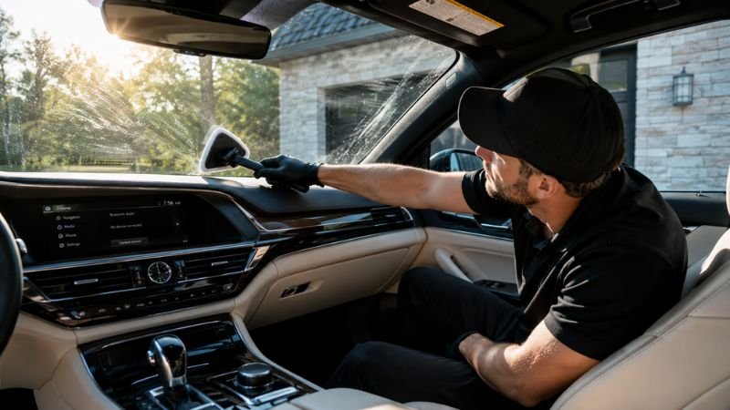 Detailer sitting in the car passenger seat using a triangular cleaning tool to reach lower corners of the inside windshield