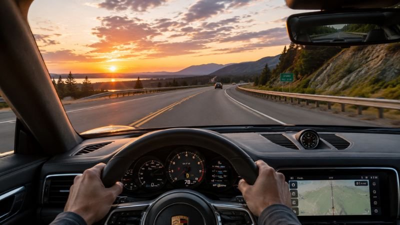 Clear streak-free view through a car windshield while driving on a highway during golden hour sunset