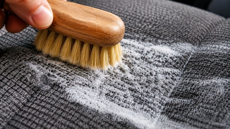 Detailer scrubbing suds on gray cloth car seat with a soft-bristled interior brush