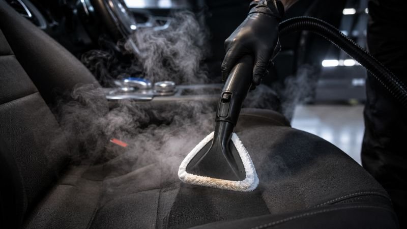 Using a high-temperature steam cleaner attachment to deep clean dark car upholstery