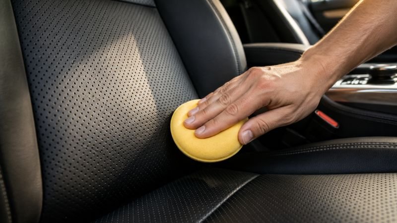 Applying leather conditioner to black perforated car seat using a foam applicator pad