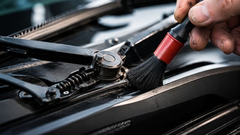 Cleaning and lubricating metal wiper arm pivot spring mechanism