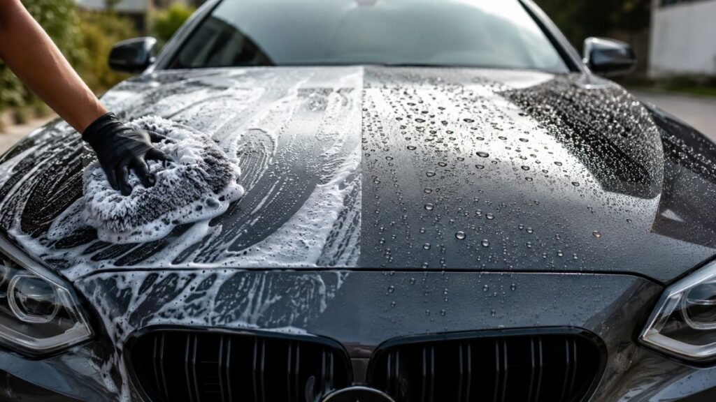 Car hood being washed with foam to test if can you use dish soap to wash your car safely
