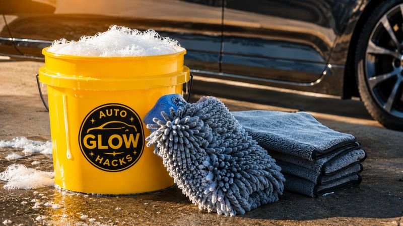 Car wash bucket and microfiber mitt setup showing alternatives when asking can you use dish soap to wash your car