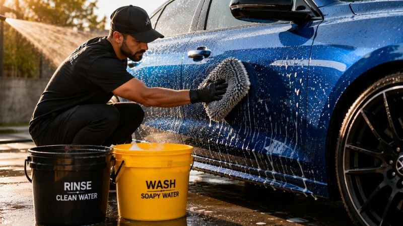 Detailer using two bucket wash method to safely clean car paint without dish soap