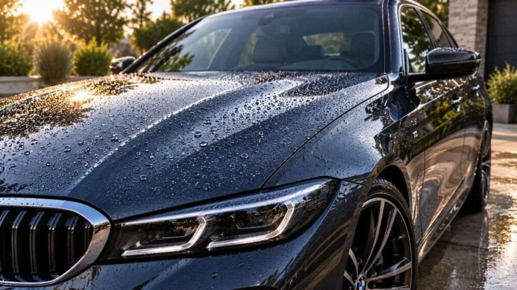 Clean metallic sedan glistening after a safe diy car wash on a driveway