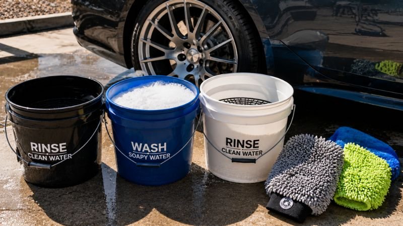 Three bucket wash setup with grit guards for a scratch free diy car wash