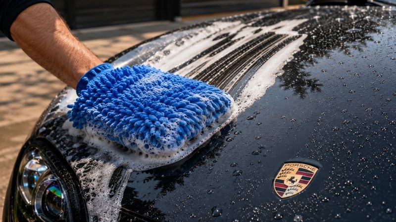 Microfiber wash mitt cleaning car paint in straight lines during diy car wash
