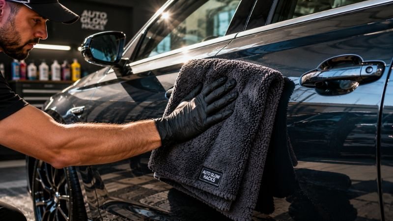 Plush microfiber drying towel patting down paint to complete a diy car wash