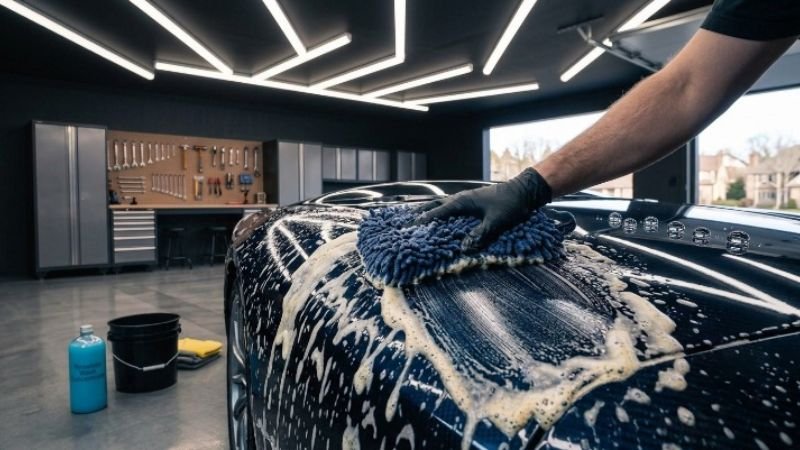 Professional detailer applying graphene car wash soap using a plush microfiber mitt