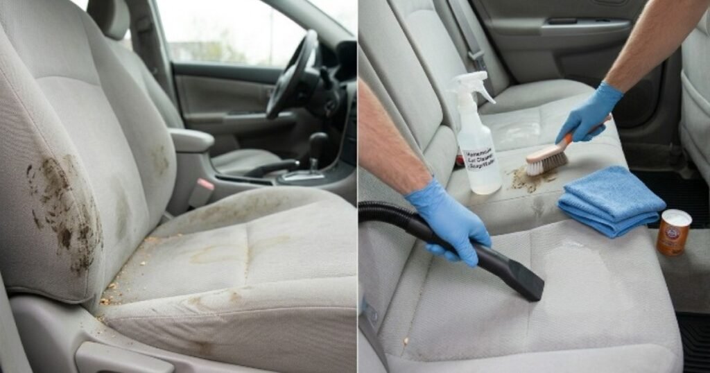 How to Clean Cloth Seats in the Car: A Simple Step-by-Step Guide 2026 Before and after cleaning dirty cloth car seats with diy cleaner and vacuum