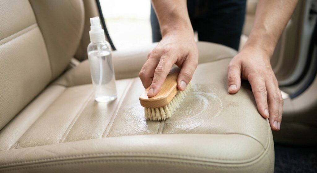 Scrubbing leather car seat with soft bristle brush and cleaning solution
