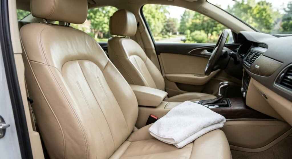 freshly cleaned leather car seat with microfiber towel after conditioning