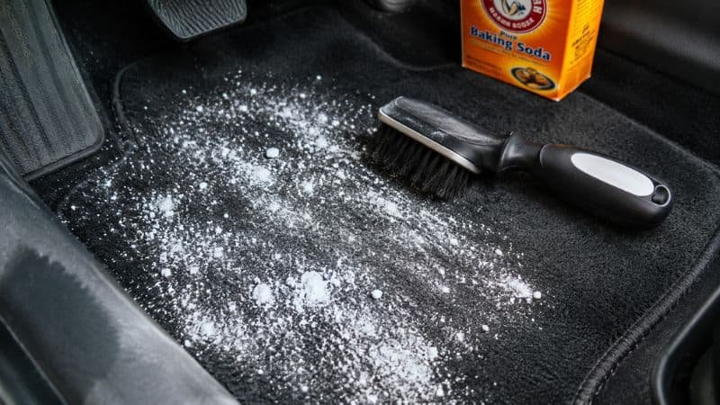 Sprinkling baking soda on car carpet for how to get weed smell out of a car