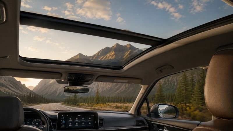 Sunlight filtering through a panoramic sunroof with a retractable fabric shade