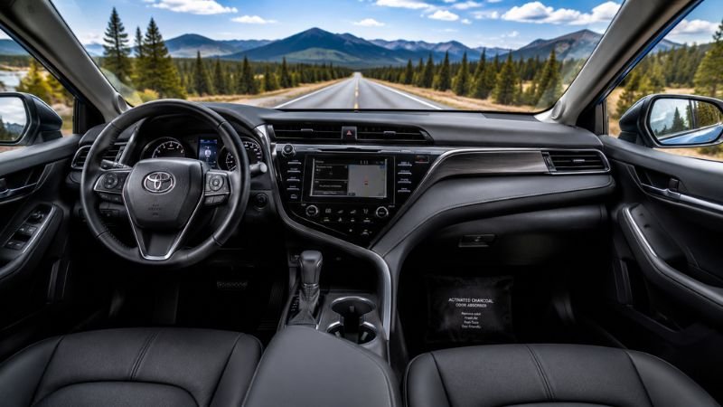Activated charcoal bag in fresh car interior to prevent weed smell in car