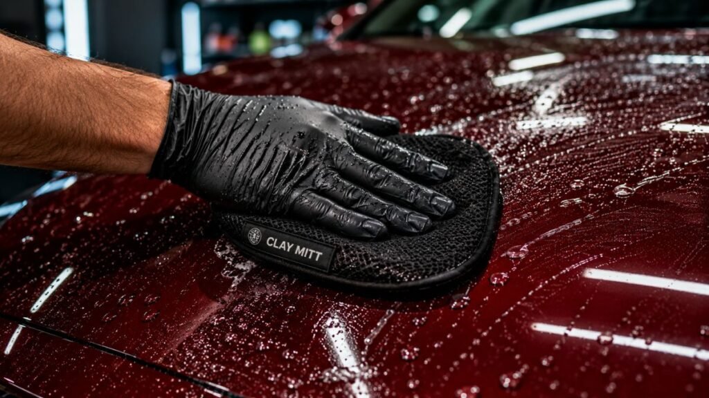 Clay mitt cleaning car paint surface safely