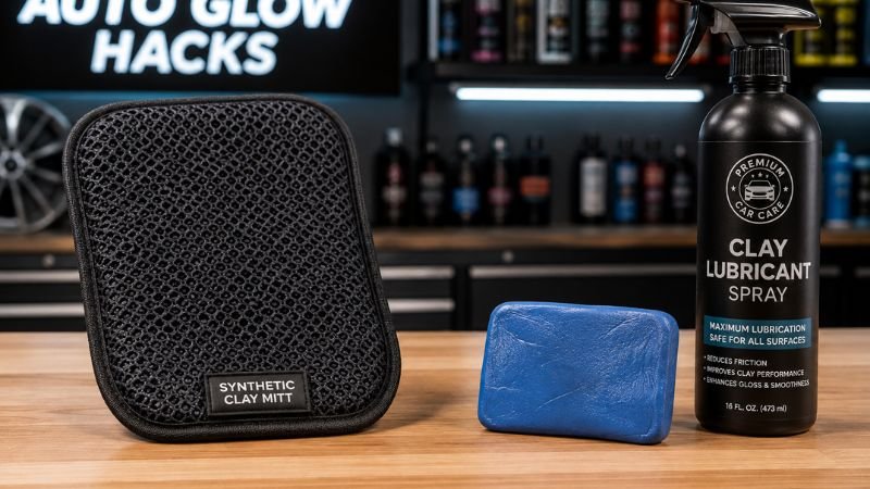 Synthetic clay mitt vs traditional clay bar on detailing table