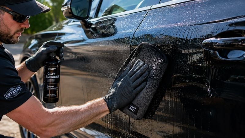 Detailer using clay mitt in straight lines on car panel