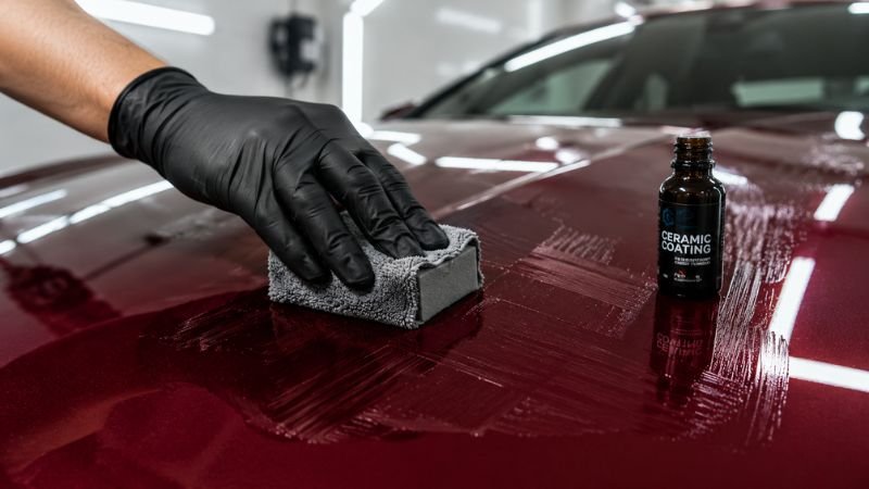 Applying DIY liquid ceramic coating kit on car hood with applicator block