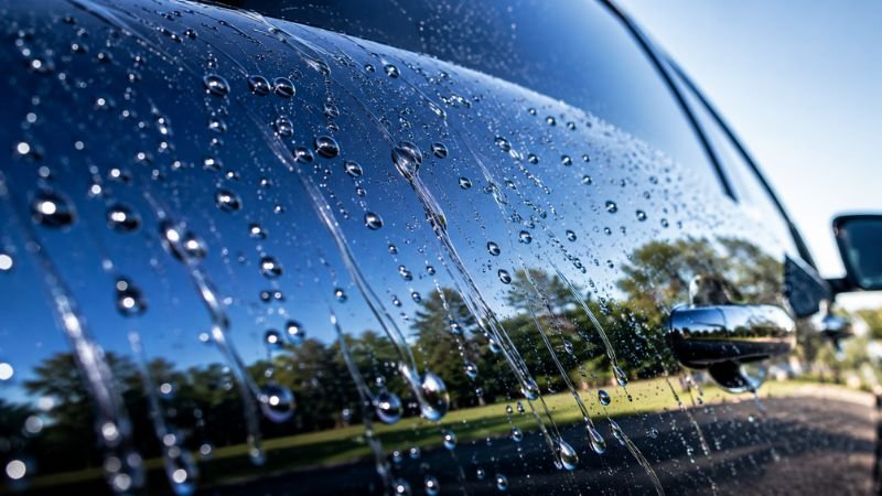 Hydrophobic water beading effect on car paint after ceramic coating application