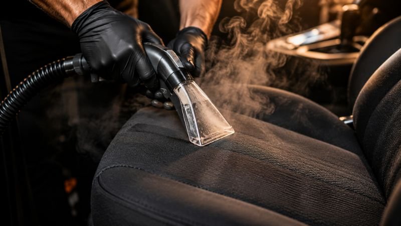 Steam cleaning car seat during interior auto detailing package