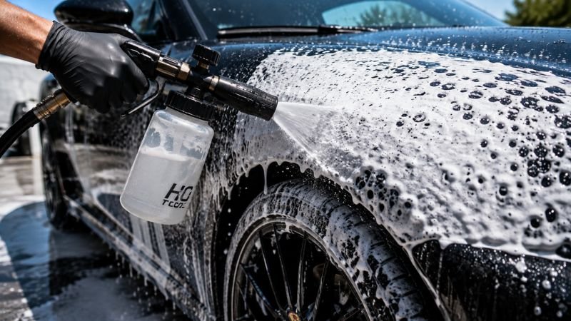 Professional detailer applying foam cannon soak to lower car detailing cost through proper prep work