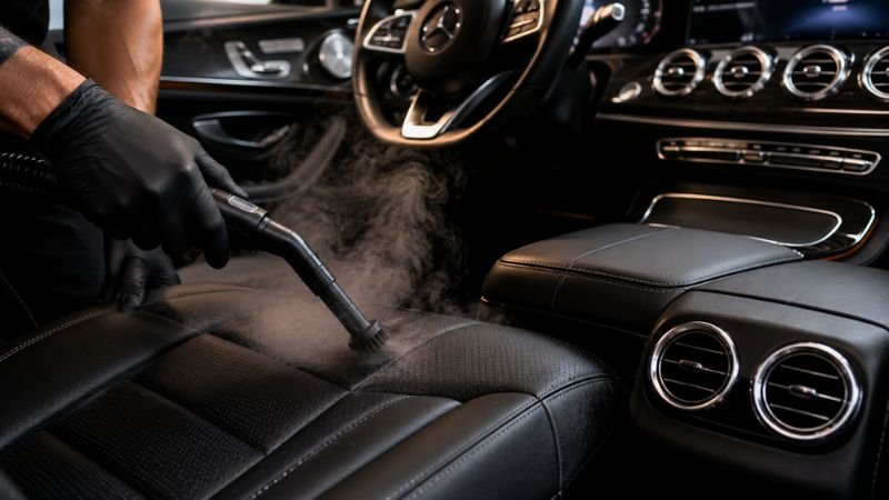 Deep interior steam cleaning and leather seat detailing to justify total car detailing cost