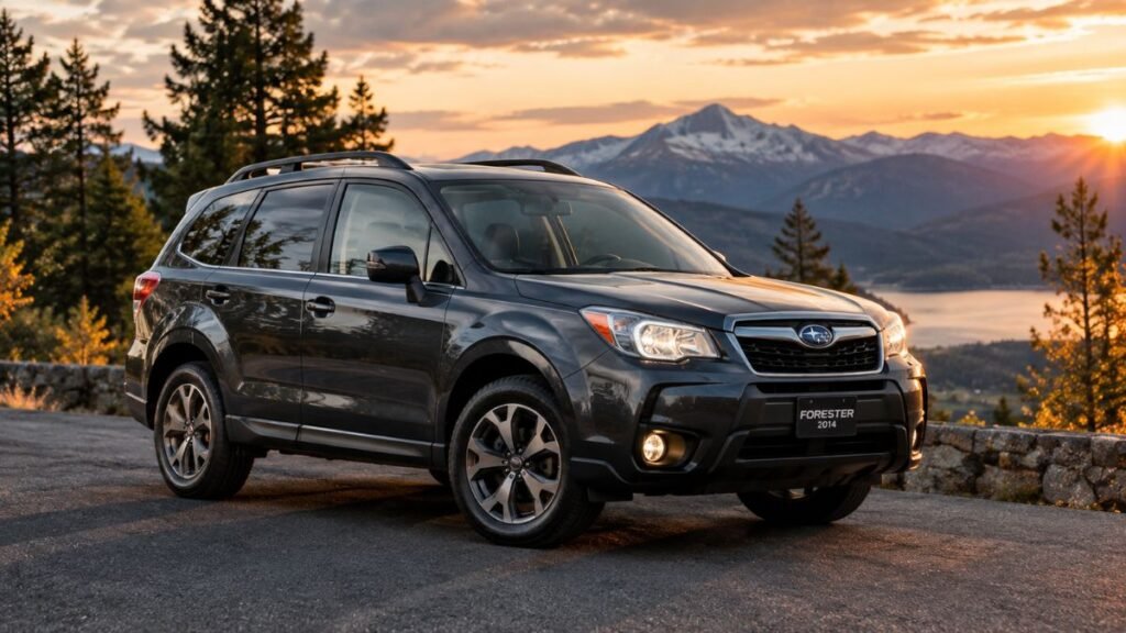 Dark grey 2014 Subaru Forester SUV parked on a mountain road showing the exterior profile