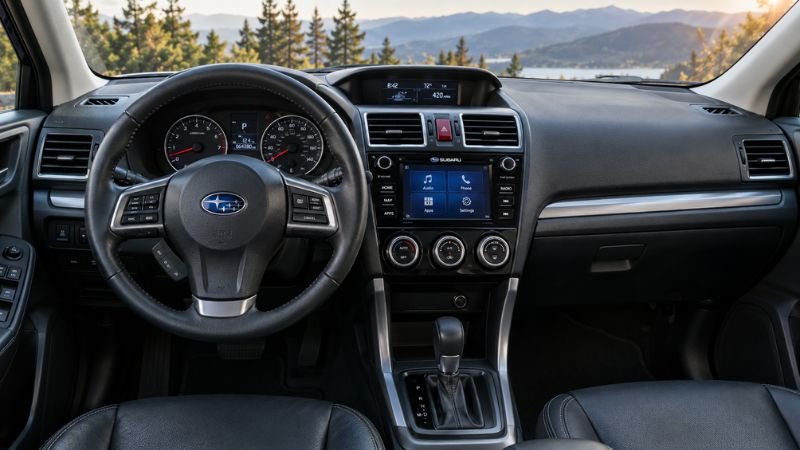 Clean interior cabin and dashboard view of a 2014 Subaru Forester showing steering wheel and center console